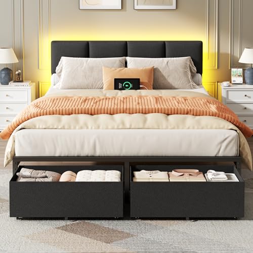 Image of Furnulem Queen Bed Frame with Upholstered Headboard and 2 Storage Drawers | Metal Platform Bed with Charging Station, LED Lights and Fabric Drawers, Noise Free, Easy Assembly, No Box Spring Needed