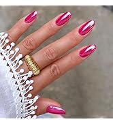 Round Press on Nails Short Medium False Nails Chrome Glue on Nails Rose Red Full Cover Nails Pres...
