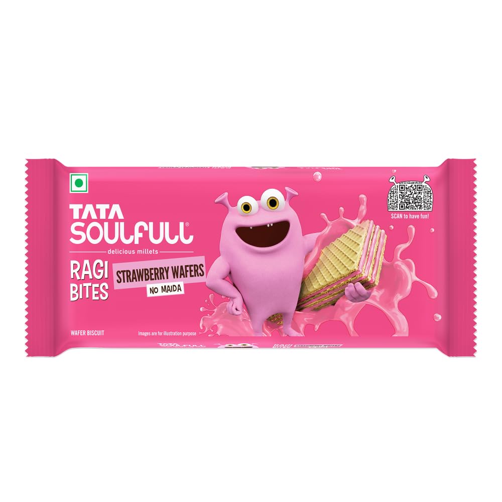 Tata Soulfull Ragi Bites Strawberry Wafers, No Maida, Strawberry Flavor, Wholesome Snack for Kids & Adults, 50g