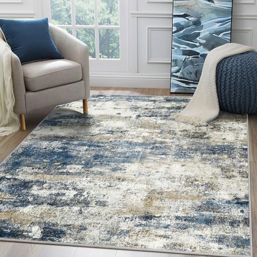 Area Rugs 6x9 for Living Room Bedroom, Modern Abstract Machine Washable Rug, Large Soft Low Pile Floor Carpet with Non Slip Backing for Dining Room, Navy Blue Beige