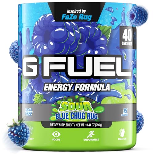 G Fuel Chug Rug Energy Drink Powder Pre Workout Caffeine Mix for Gaming Sugar Free Focus Amino Vitamin + Antioxidants 10.44oz (Sour Blue Raspberry 40 Servings)