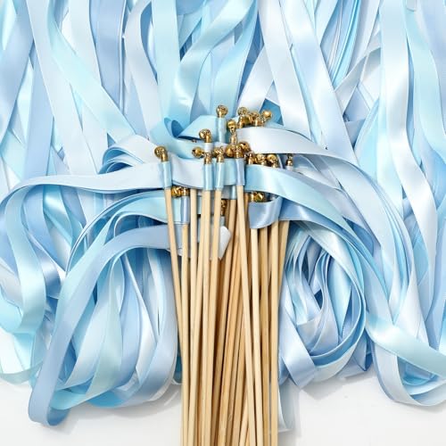 Whaline 40Pcs Wedding Ribbon Sticks with Bells Dusty Blue Streamers Fairy Stick Wands Ribbon Tassel Wands for Baby Shower Send Off Party Activities Holiday Celebration Supplies