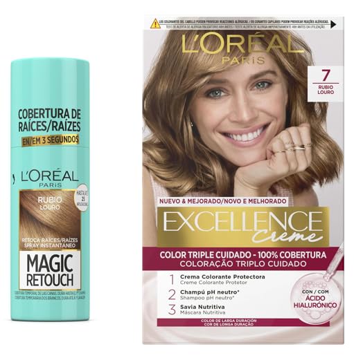 Lote de L'OREAL PARIS Magic Retouch Spray Retoca Raíces y Canas, Rubio, 75ml + L´ORÉAL PARIS Excellence Creme Tinte Permanente - Tono 7 Rubio