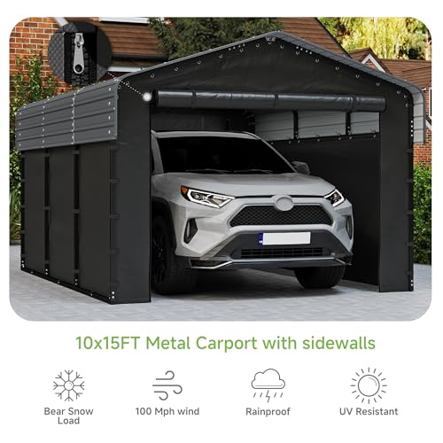 Image of Real Relax 10x15ft Heavy Duty Metal Carport with Galvanized Steel Roof, Removable Sidewalls, Outdoor Car Port Shelter for Cars, Trucks and Boats, Gray