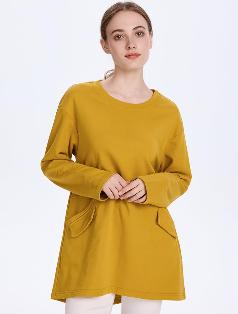 FTCayanz Women's Cotton Tunic Tops Oversized Crewneck Long Sleeve Sweatshirts Casual Shirts Pullover with Pockets