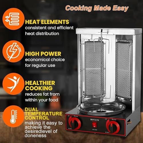 Shawarma-Grill-DöNer-Kebab-Maschine – FüR HäHnchenbraten, Truthahnbraten, Tacos – Elektrische Vertikale DrehspießMaschine, DöNer-Gyro-Grill, 360° Automatische Drehung, Edelstahl,220V-Black – Bild 4
