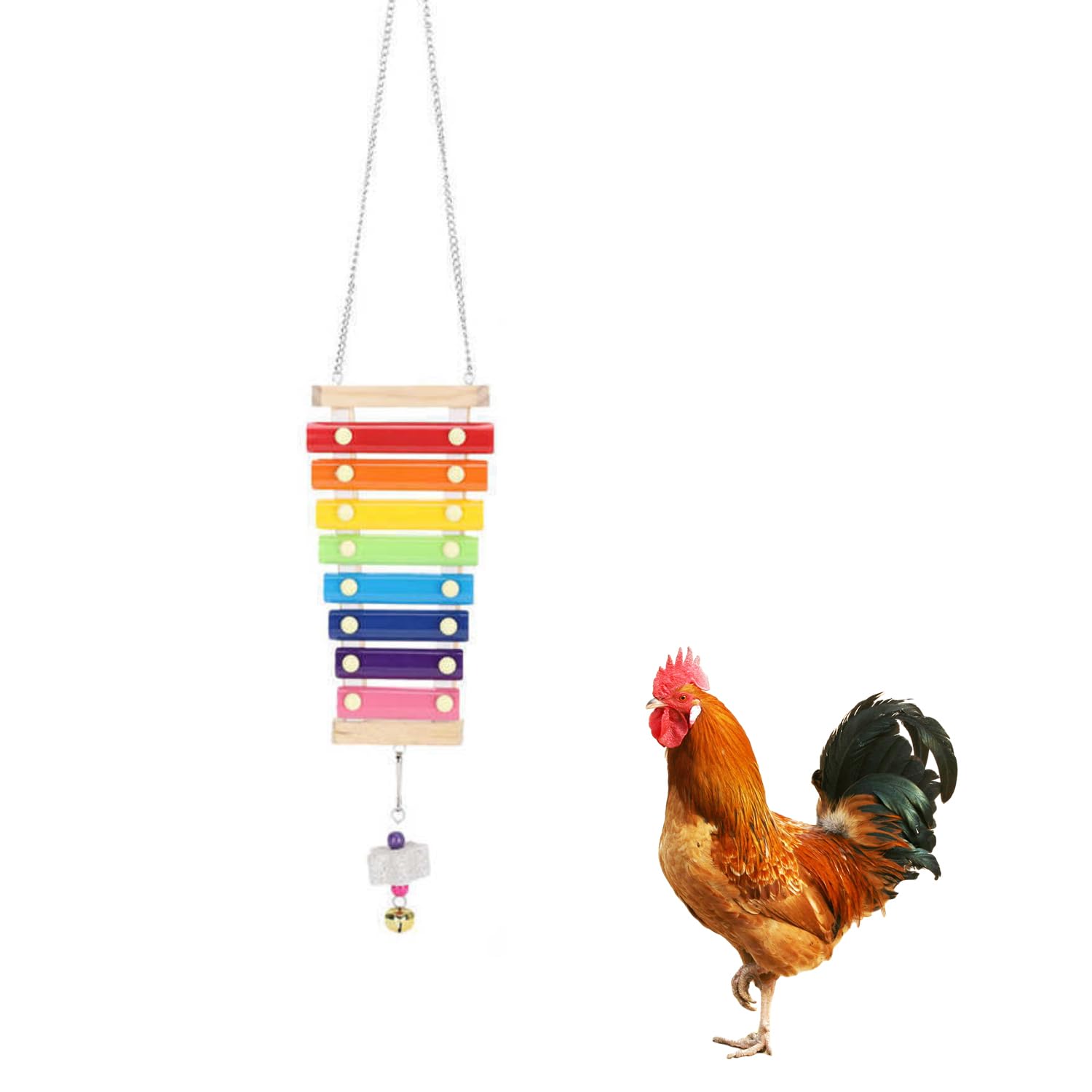 Bohue Wooden Chicken Xylophone Toy with Bell Suspensible Wood Musical Toy Chicken Coop Hanging Pecking Toy with 8 Metal Keys for Hens Chicks Birds