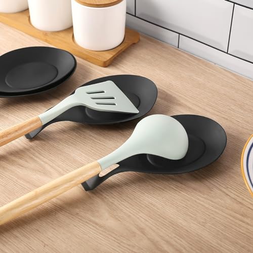 Juego de 5 cucharas de silicona resistente al calor, soporte para utensilios de cocina, fácil de limpiar, almohadilla de cuchara de TPE, multiusos, plato de frutas, 5 unidades, color negro 1