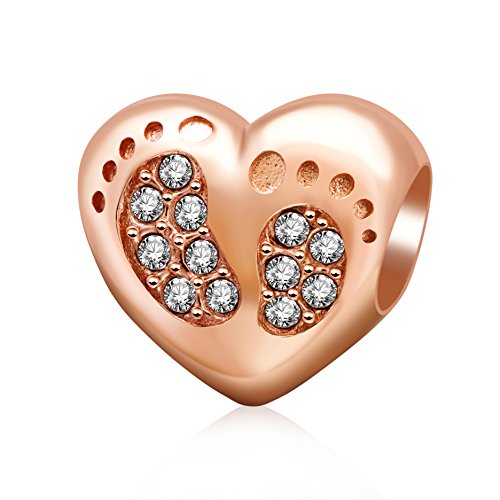 Abalorio de huella de plata de ley 925 con forma de corazón y piedra natal compatible con pulseras Pandora, regalos para mamá, Navidad, Plata de ley, cristal