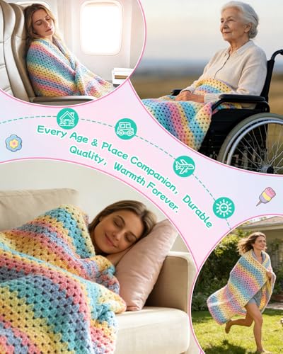 Image of Aeelike Crochet Blanket Kit for Beginners-Rainbow Granny Squares Stripe Blanket, Complete Crochet Kit for Adults w Gradient Yarn & Instructions, Easy Learn to Knit for Beginners