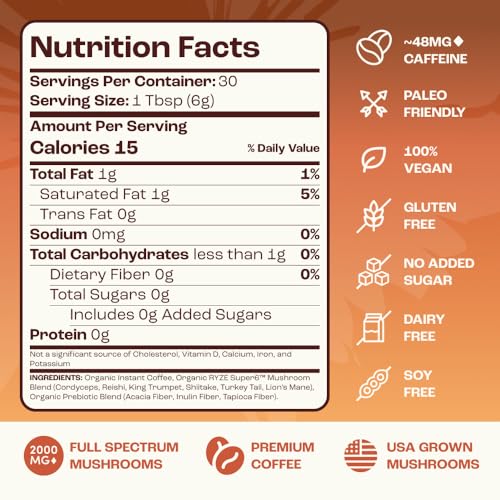 RYZE SUPERFOODS Mushroom Medium Roast Coffee USDA Organic with 6 Adaptogenic Mushrooms, USA Grown Instant Coffee for Better Energy, Focus Digestion Immunity with Lions Mane & Turkey Tail 30 Servings