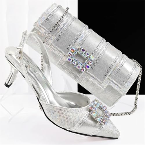 Ensemble chaussures talons hauts strass et sac de cérémonie argenté