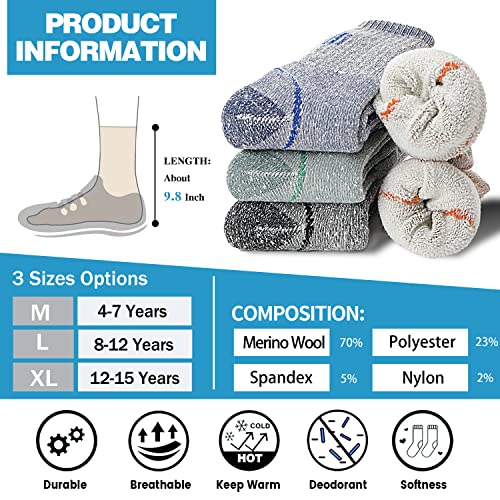 Anlisim Kids Merino Wool Hiking Socks Boys Girls Thermal Winter Warm Boot Thick Snowboarding Socks 4 Pairs For Teen(Color Mix,8-12 Y) #TOP4