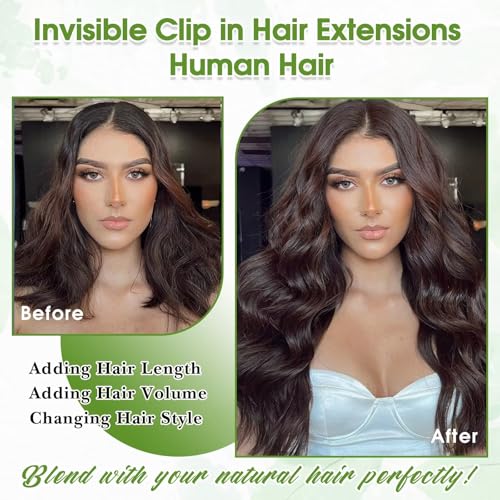 Image of Dark Brown Clip in Hair Extensions Real Human Hair 16inch 8pcs /65g Lightweight Straight Remy Human Hair Clip in Extensions for Women Dark Brown Seamless Human Hair Extensions Clip ins Double Weft