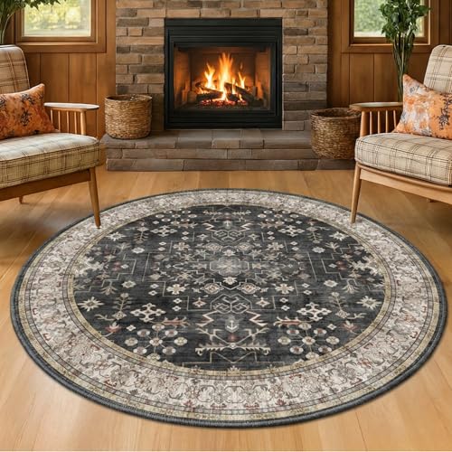 Black Boho Living Room Circle Rug 6ft - Washable Dark