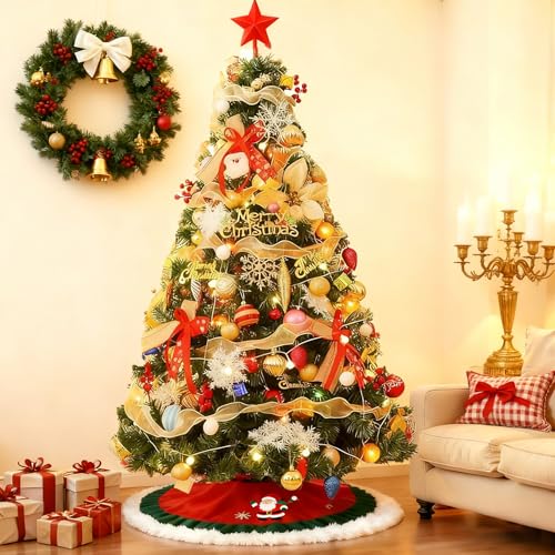 5FT Artificial Christmas Tree with Ornaments and Red Tree Skirts Lush Pine Xmas Tree with Foldable Metal Stand PVC Holiday Decorative Green Tree for Home Office Indoor Outdoor Decor