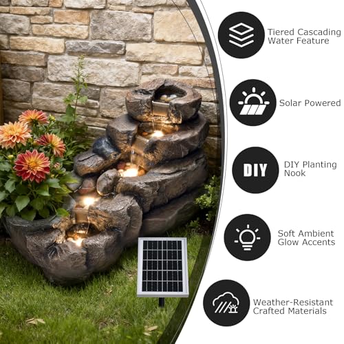 Image of 38.2 inch L Solar Water Fountain Outdoor Rock Waterfall Fountains