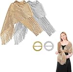 Shawl for Women 2PCS Long Evening Wrap Gold and Silver Shimmer Scarf with Buckle Lightweight Elegant Dress Shawl for Wedding Party Formal Gown Outfit Styling Accessory