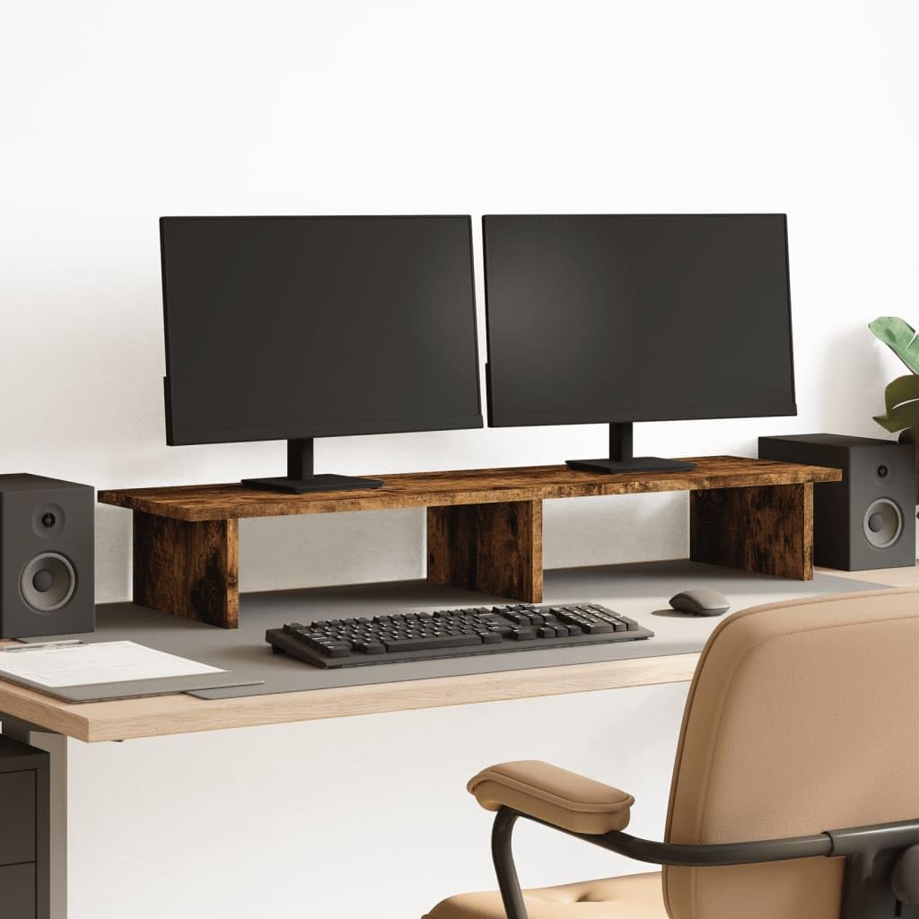 Supporto per monitor in legno di rovere affumicato, 100 x 27 x 15 cm, per due monitor, portata 20 kg, organizer da scrivania per ufficio e home office