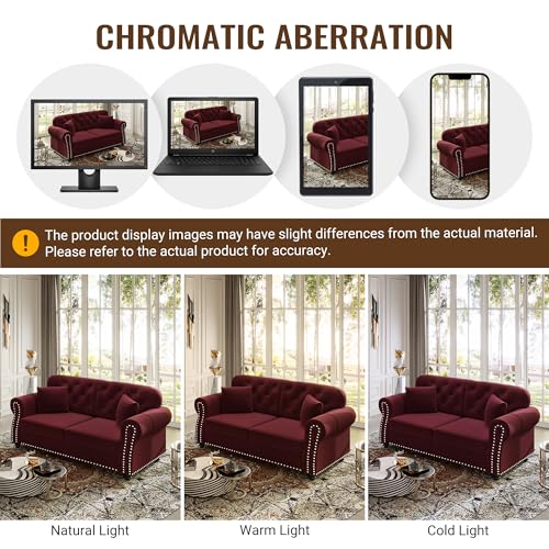 Image of KEIKI 83 inch Velvet Chesterfield Sofa with Rolled Arms & Nailhead Trim & 1 Ottoman, Modern 3-Seater Button Tufted Couch with High Resilience Cushion & 3 Pillow, Easy Assembly, for Living Room, Burgundy