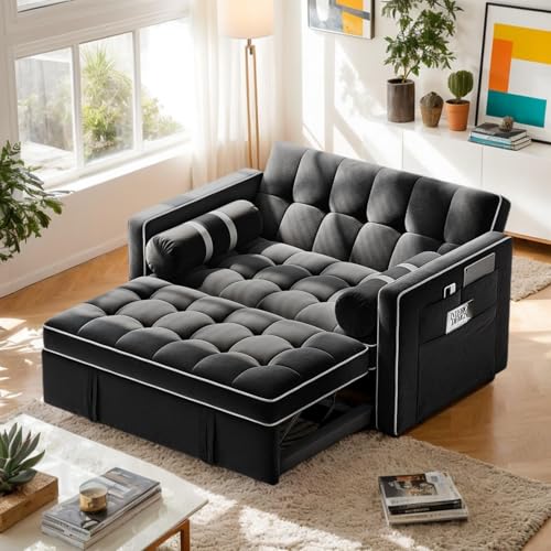 Pipishell Convertible Loveseat Sleeper Sofa Bed, 3 in 1 Pull Out Couch with USB & Type-C Charging Ports, Adjustable Backrest, Dual Side Pockets, Velvet Futon Sofa for Apartment, Living Room, Black