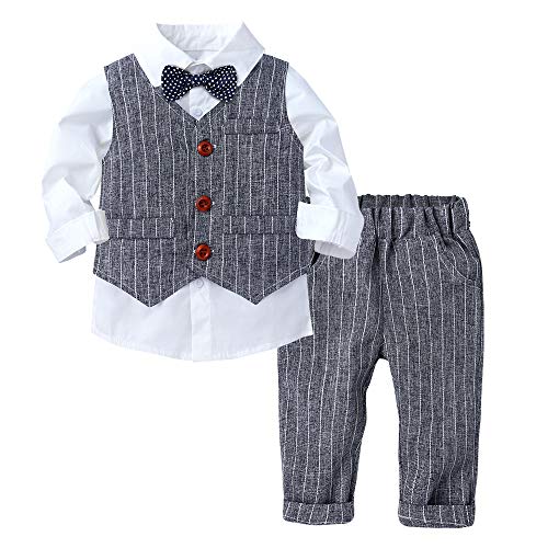 Baby Boys 3Pcs Gentleman Suit Kids Formal Outfits Set Bowtie Long Sleeve Shirt+ Tuxedo Vest+ Pants Grey