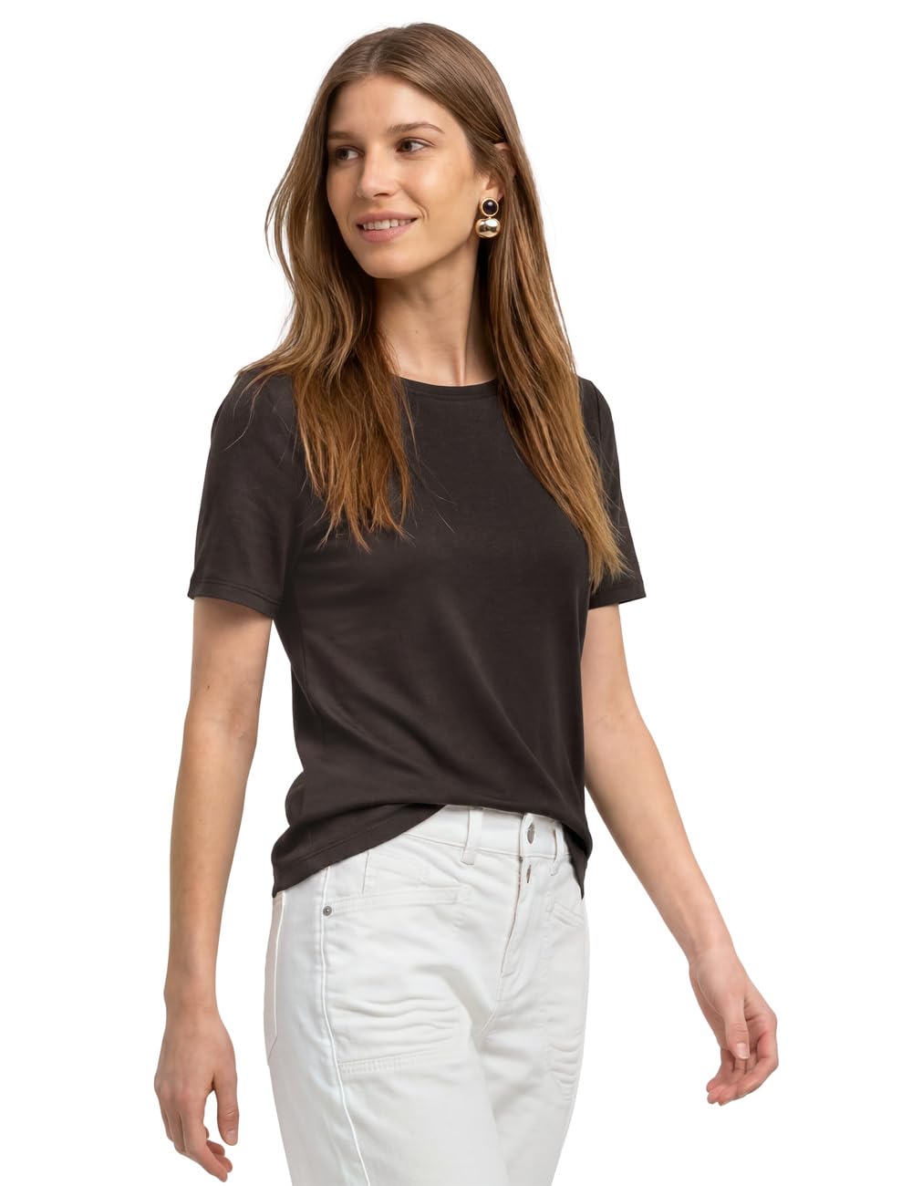 Street One Basic T-Shirt with Crew Neck in Plain Colour Black Coffee 36