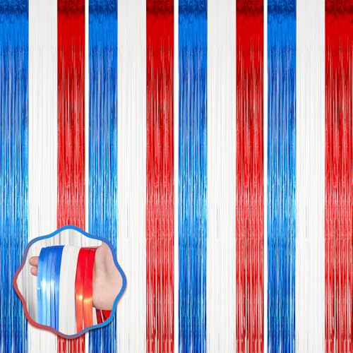 Image of Voircoloria 4 Pack Red White and Blue Foil Fringe Backdrop Curtains, Tinsel Streamers Party Decorations, Fringe Backdrop for Patriotic, Memorial Day, 4th of July, Independence Day