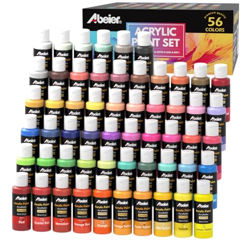 ABEIER Acrylfarben Set, 56 Acryl Farben in Flaschen (je 60ml), Hochwertige, Ungiftig, Wasserfest, Art Acrylfarben für Anfänger, Erwachsene, Kinder auf Leinwand, Felsen, Holz, Keramik, Stoff