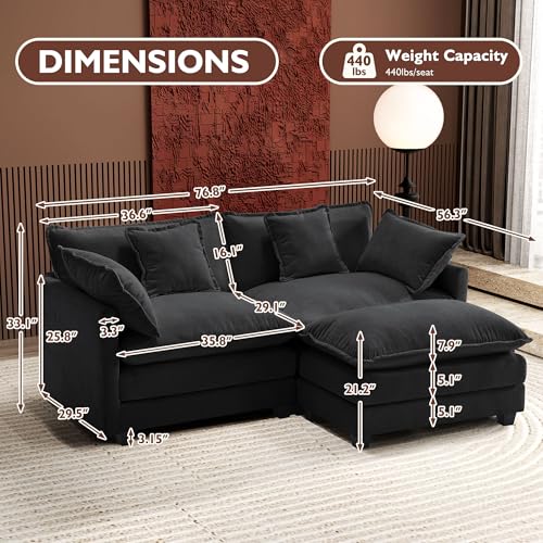 Image of Ihanherry 77 inch L Shaped Modern Sofa Modular Sectional Cloud Couch with Ottoman, 3-Seat Chenille Deep Seat Sofa with Pillow for Living Room, Bedroom and Apartment, Black