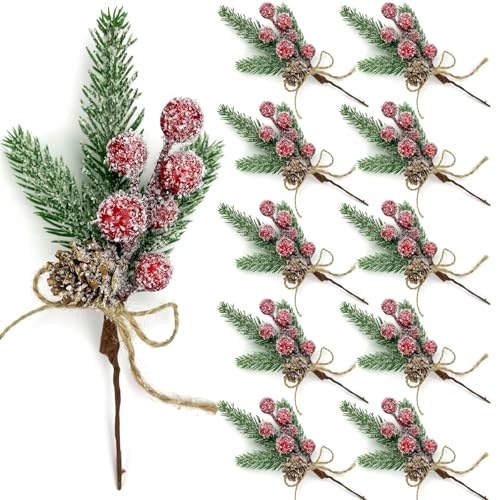Red Berry Stems Floral Pine Cones Christmas Artificial Pine Branches Evergreen Branch Berries Decor 10PCS Holiday Floral Picks Holly Stem for Decoration DIY Christmas Craft Wreath Decoration