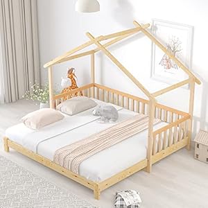 Ctastay Kinderbett Baumhausbett 90x200&180x200 cm, Einzelbett Doppelbett Ausziehbares Holzbett, Hausbett, Bettrahmen mit Lattenrost, Natur (Ohne Matratze)