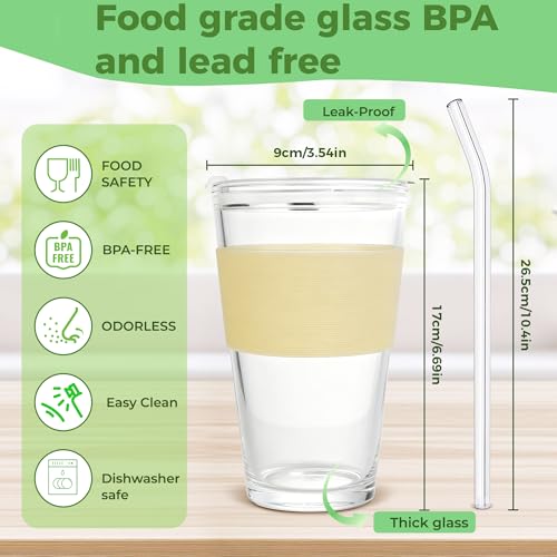 Image of Birity 16oz Glass Cup with Lid and Glass Straw,Set of 2 Thickened Glass Coffee Tumblers with Silicone Sleeve,Reusable Iced Coffee Cups for Smoothie、Soda Water、Juice、MilkSshake、Travel Cup