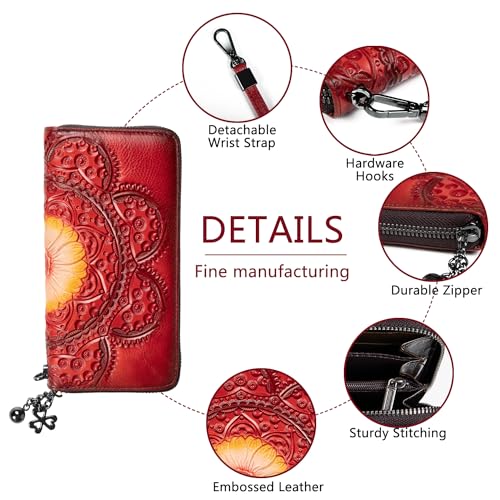 Image of Wallet Genuine Leather for Women - with RFID Blocking Card checkbook ID Slot Large Capacity Vintage style (sunflower red)