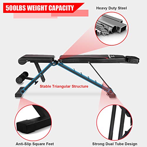 Adjustable Weight Bench with Upgraded Headrest, Foldable Workout Bench for Home Gym Strength Training, 500lbs Incline Decline Flat Exercise Bench Press for Wegiht Lifting by Dualeco