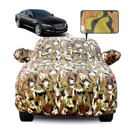 Image of Waterproof Car Body Cover for Jaguar XJ with Mirror Pocket, Soft Cotton Lining, Triple Stitched, Full Bottom Elastic (Heat Resistant Jungle Print with Red Piping)