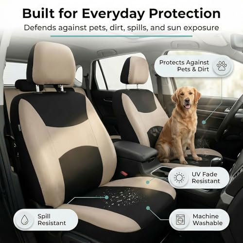 Image of FH Group Universal Automotive Seat Covers Front Set | Light & Breezy Flat Cloth Washable Car Seat Cover for SUV, Sedan, Truck | Airbag Compatible Interior Upgrade - Beige /Black