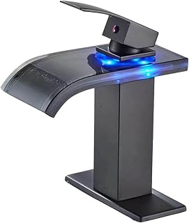 Grifo de lavabo de baño con luz LED con boquilla de vidrio en cascada, sensor de temperatura, construcción de latón de una sola manija, drenaje emergente, acabado negro para baño moderno