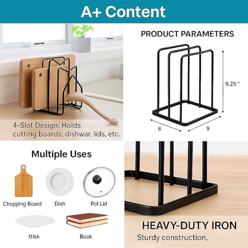Image of Pan & Pot Lid Organizer Rack - Multifunctional Cookware for Cabinet, Pantry Chopping Board Holder, Space-Saving Kitchen Organizer, Black (6 x 9 x 9.25 Inches) (HUT-RACK)
