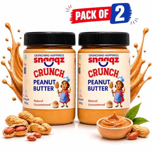 Image of SNAAQZ All Natural Peanut Butter Crunchy (Pack of 2 x 500g) - 1kg Value Combo | 30g Protein, 100% Roasted Peanuts | Unsweetened, No Palm Oil, Sugar-Free Vegan Nut Butter