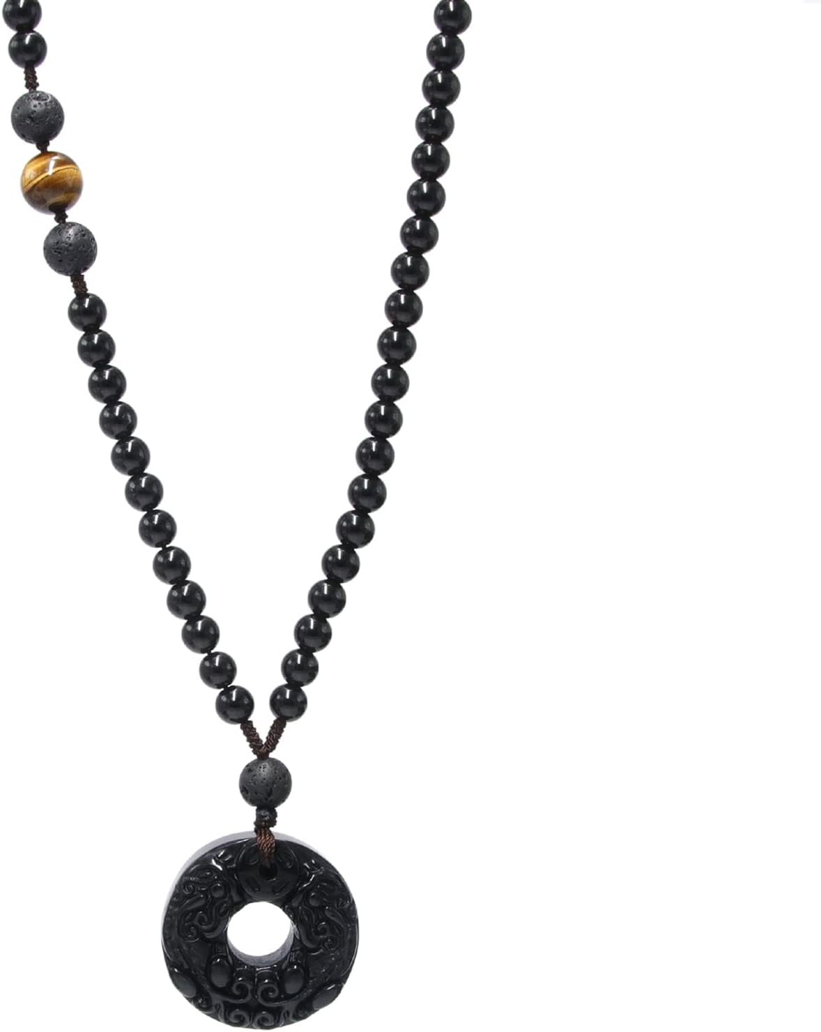 Triple Protection Black Obsidian Necklace - Pixiu Amulet Tiger Eye Lava Rock Beaded Necklace, Spiritual Energy Stone Pendant Necklace for Men Women