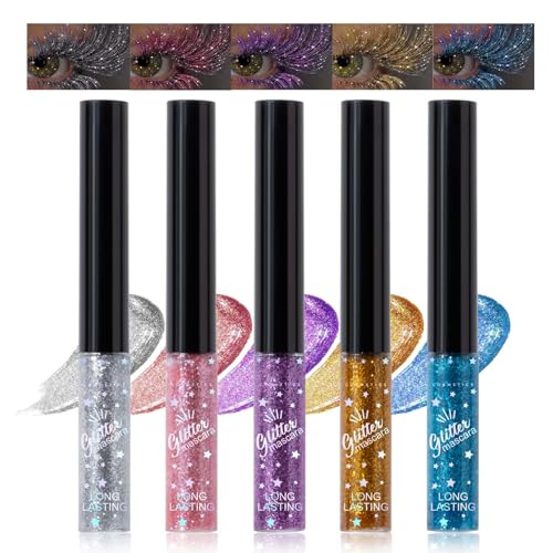 5Colors Glitter Mascara Volume and Length,Waterproof Sparkle Mascara for Eyelashes,Voluminous Curl,Anti-Sweat,No Blooming Colored Charming Long Lasting Festival Glitter for Eyelash Eye Makeup