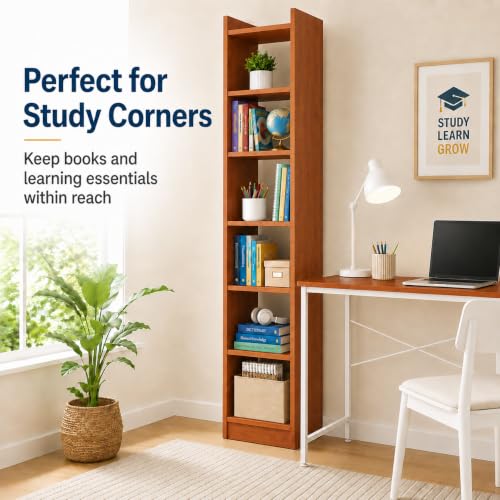 Image of FURLAY SlimTower 180 cm Tall Bookshelf, White 6-Tier Slim Open Shelf Organizer, Space Saving Book Rack for Bedroom, Study Room, Living Room, Office, Kids Room & Decor Storage (FWBS7L-Woodland)