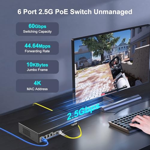Image of 6-Port 2.5G PoE Switch Unmanaged, 4X 2.5GBase-T PoE Ports, 2X 10Gbps SFP, 4 Port PoE Switch 60Gbps Switching Capacity, Support IEEE802.3af /at, Metal Housing, Fanless, Desktop /Wall Mount 2.5Gbe Switch