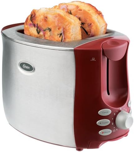 Oster 6317 2-Slice Toaster with two slices of bread toasting, showing its red and stainless steel exterior, control panel with buttons and browning dial.