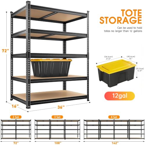 Image of REIBII 2400LBS Storage Shelves 5 Tier Garage Shelving Heavy Duty, Adjustable Metal Shelving, Garage Shelves for Basement, Warehouse, Pantry, Closet, Kitchen 72 inch H x 36 inch W x 16 inch D, Black, 3 Pack