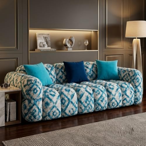 Image of FURNY Luxury Nimbus 3 Seater Bubble Cloud Sofa Set for Living Room | Tapestry Mosaic Fabric Upholstered | Modern Cushioned Comfortable Couch for Home Office & Drawing Room | Lagoon Blue