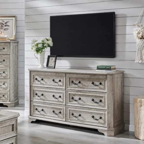 AetherWood Cómoda rústica con 6 cajones para dormitorio, 137 cm de ancho, cómoda de madera rústica con textura natural, diseño vintage, organizador para salón, roble rústico claro