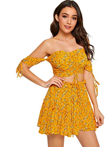 Floerns Women's Two Piece Outfit Off Shoulder Drawstring Crop Top and Skirt  Set Yellow-Floral S