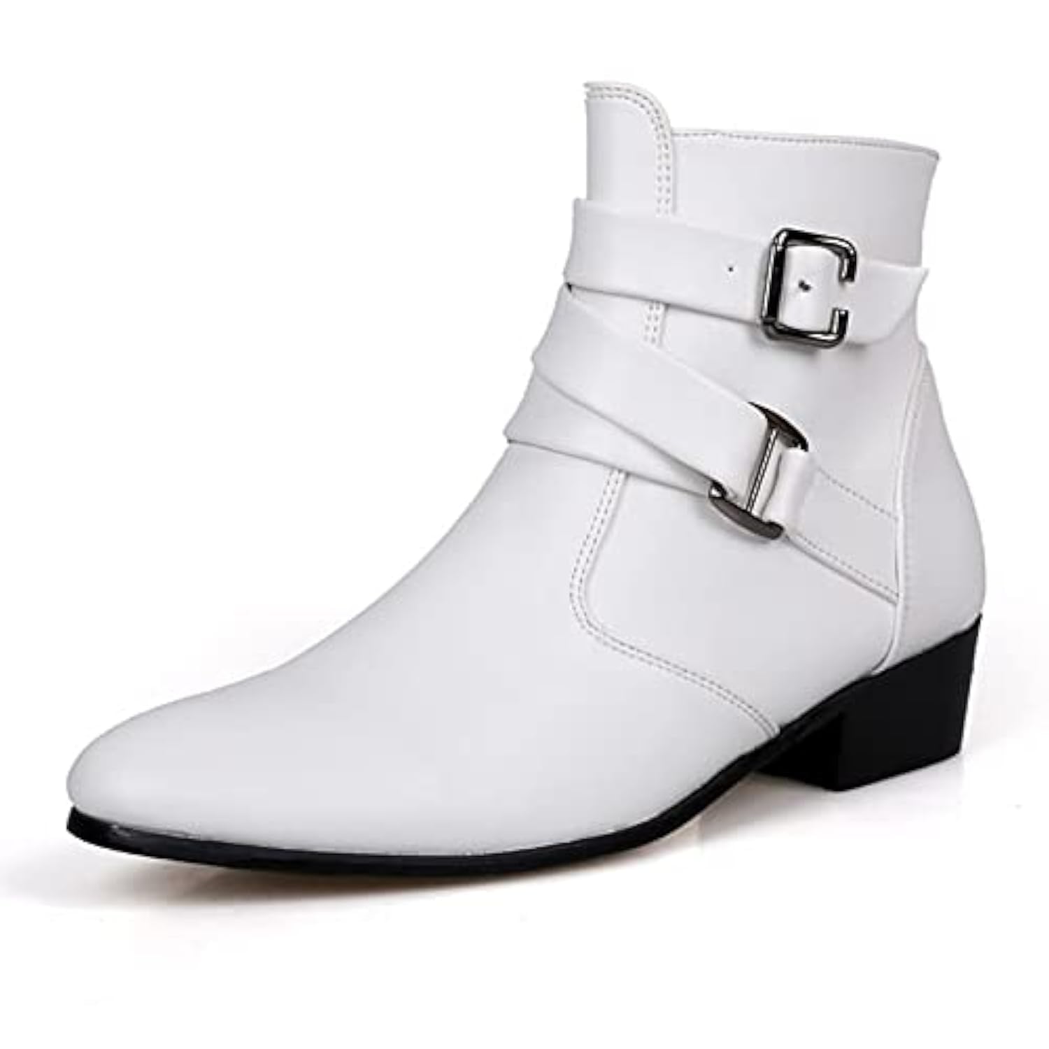 PURCHAWEE Men's Leather Pointed Toe Chelsea Boots,Buckle Straps Side Zipper Chunky Low Heel Western Formal Dress Boots Ankle Boots